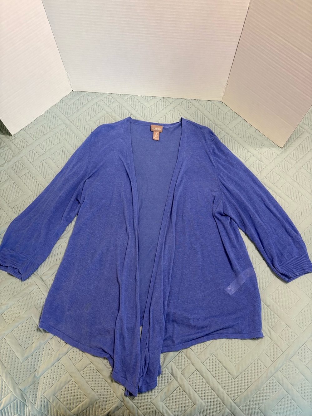 Chico’s Women’s Open Front Draped Cardigan Blue 3/4 Sleeves Size 3